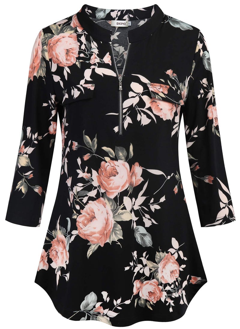 BEPEI Floral Blouses for Women,Juniors Quarter Length Sleeve Long Shirts Wear with Leggings Vintage Patchwork Tunic Dress New Years Eve Tops for Wedding,Red L - Image 2